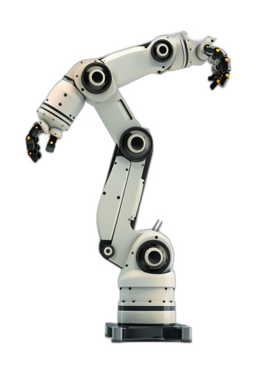 Photo of an industrial robot arm in white color on a black background, shown from the front in a high resolution photograph with high details and sharpness due to studio lighting. The bright colors and hyper realistic details of the photo make it look like it was rendered using octane, with the robot arm isolated on a plain background. The robot arm is depicted in hyper detailed form.