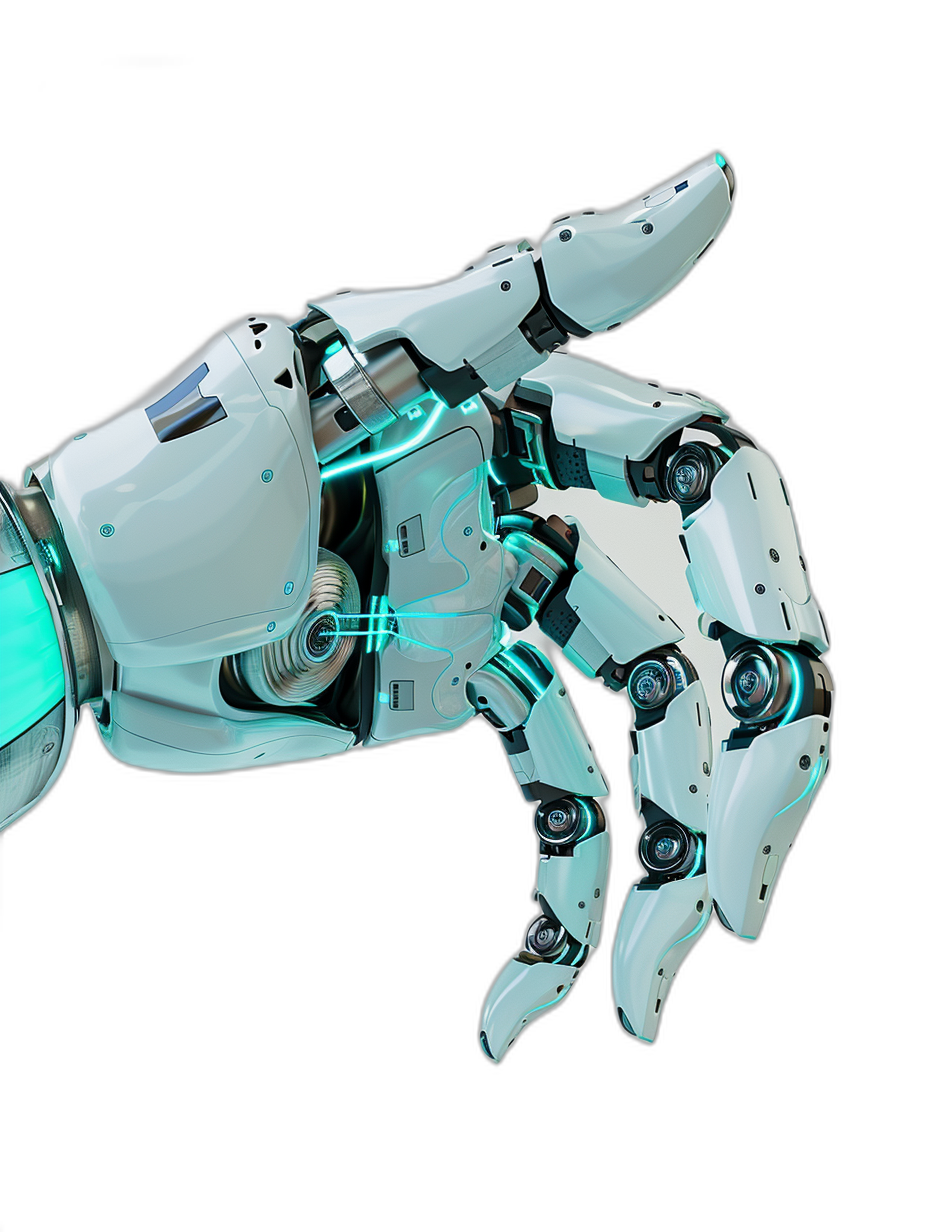 3d render of white and teal robotic hand pointing, on black background, low angle shot, high resolution photography, insanely detailed, fine details, isolated object, stock photo