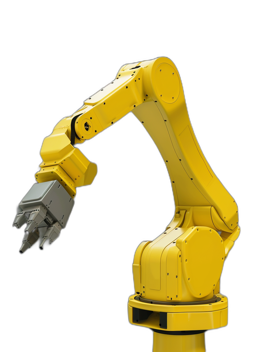 A yellow robot arm holding industrial tools on a black background, viewed from the side. The image is in the style of software.