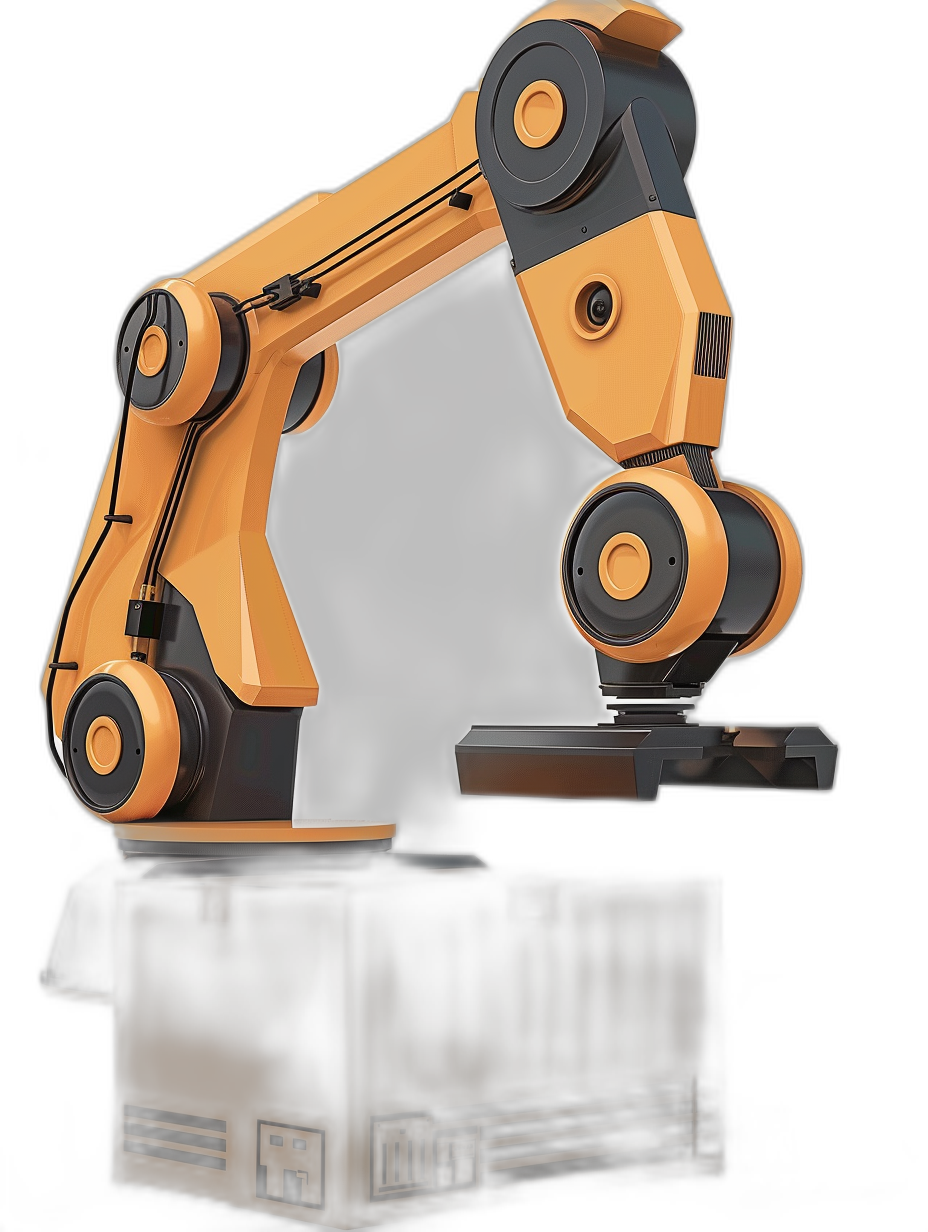 A robotic arm is positioned on the right side of an industrial machine, holding out its hand with steam coming from it. The background color should be black to highlight the yellow and dark orange hues of the robot’s body. This design will emphasize modernity in product photography, with a focus on mechanical aesthetics and technology in the style of a 3d render, with a full shot and isolated subject on a black background.