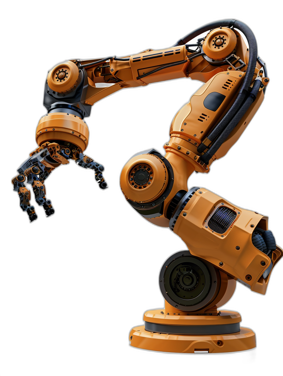 orange robotic arm on black background, hyper realistic photo, side view