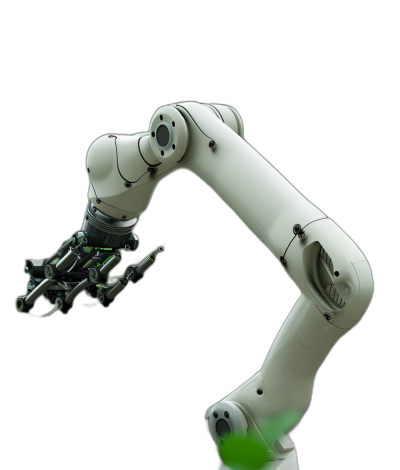 A robotic arm with green LED lights on its fingers reaches out to pick up an object from the ground against a black background. The robot's white exterior contrasts beautifully with the dark backdrop, creating sharp focus and depth in the scene. It is positioned at one side of the frame, adding dynamism to the composition.