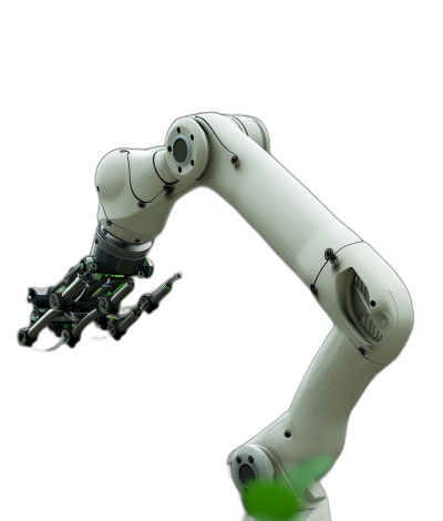 A robotic arm holding green energy against a black background in a side view, in the style of hyperrealistic style with a futuristic feel and white color tone, in a professionally photographed high resolution photograph with high definition details and sharp focus.