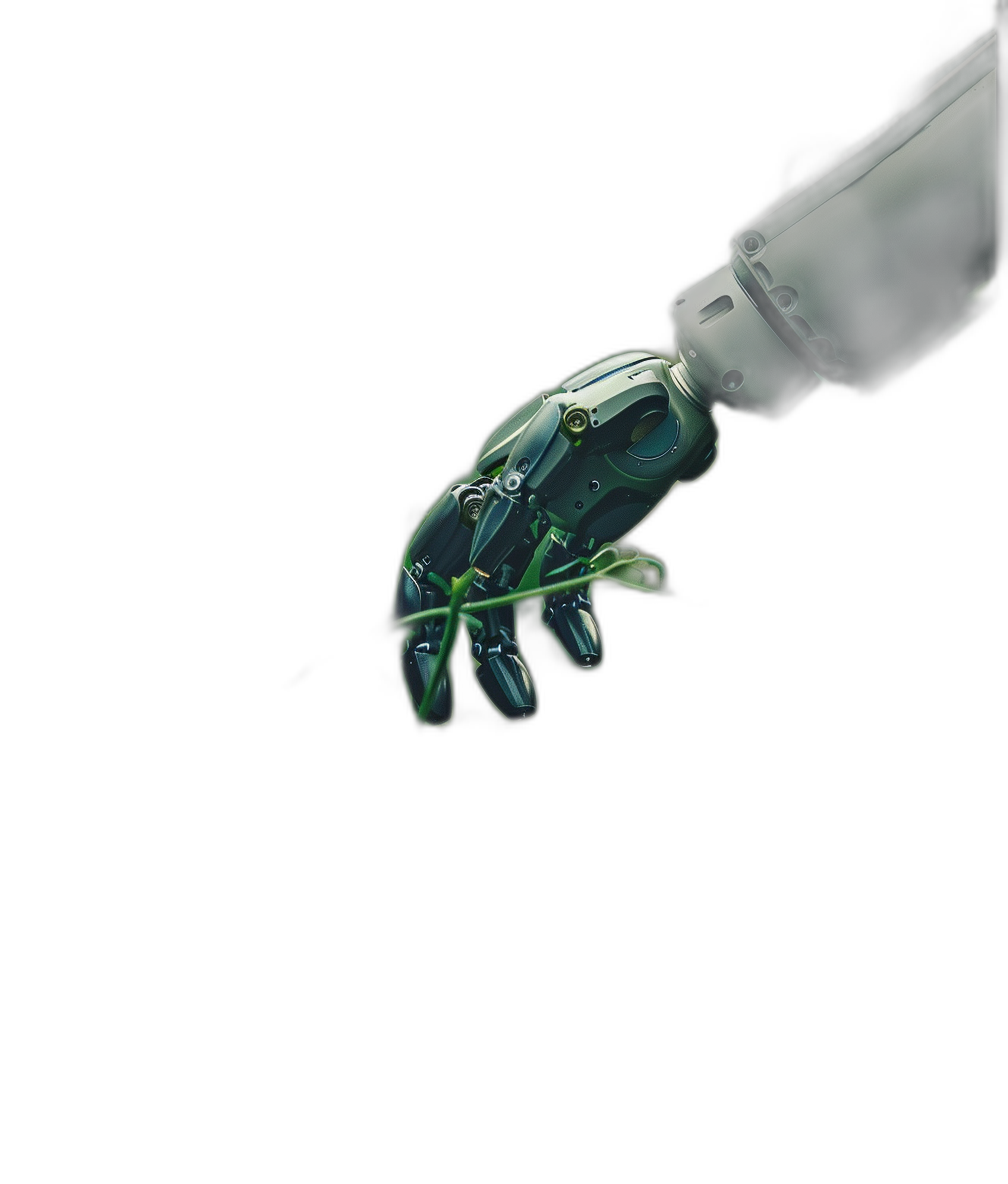 A robotic hand with green lighting holding out its palm on a black background in the style of digital art.