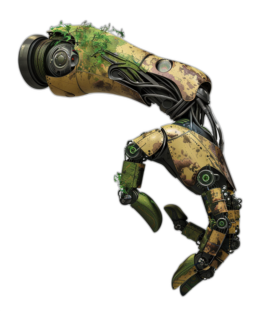 A long arm with moss on it, the end of the hand is shaped like an alien creature’s head and has large camera lens eyes. The style is digital art with an isolated black background. The body has a cyberpunk green camouflage pattern. It is a concept design character sheet and 3D render in the style of camouflage.