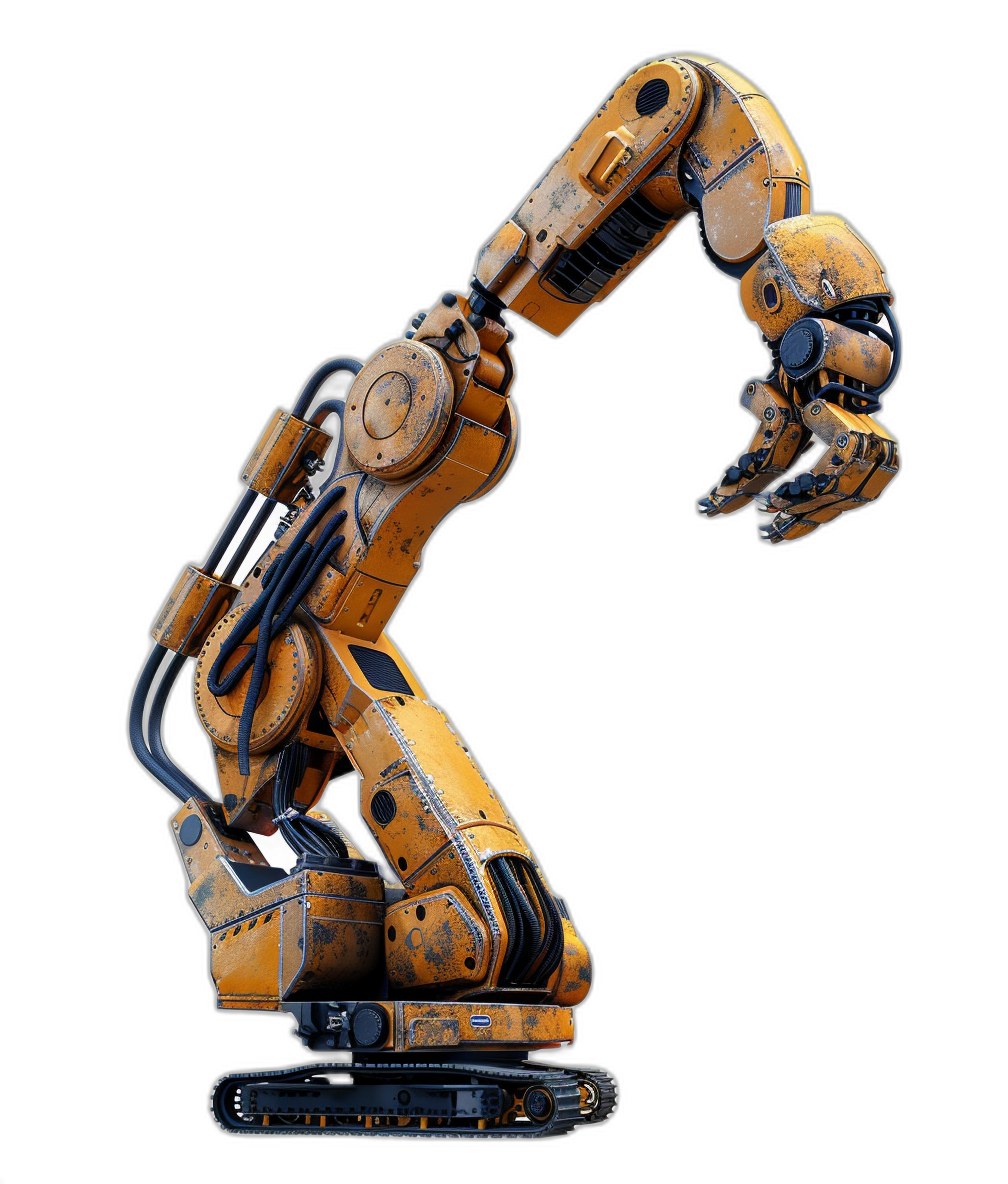 A robot arm is lifting something up, black background, orange and yellow color scheme, hyperrealistic details, full body, threequarter profile, studio lighting, industrial design, concept art,