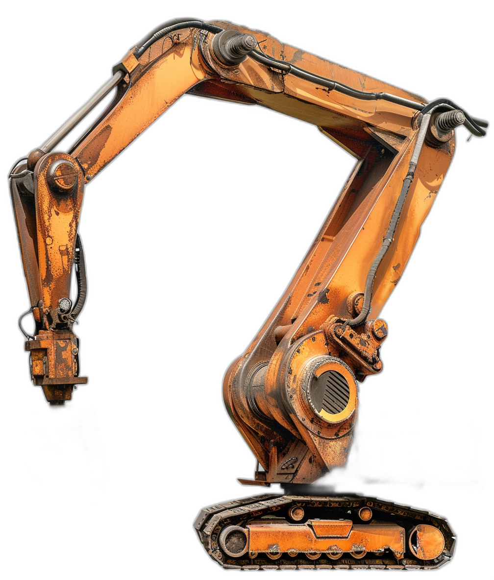 3/4 view, steampunk excavator machine arm in orange color with black background, very high quality detailed render, no text