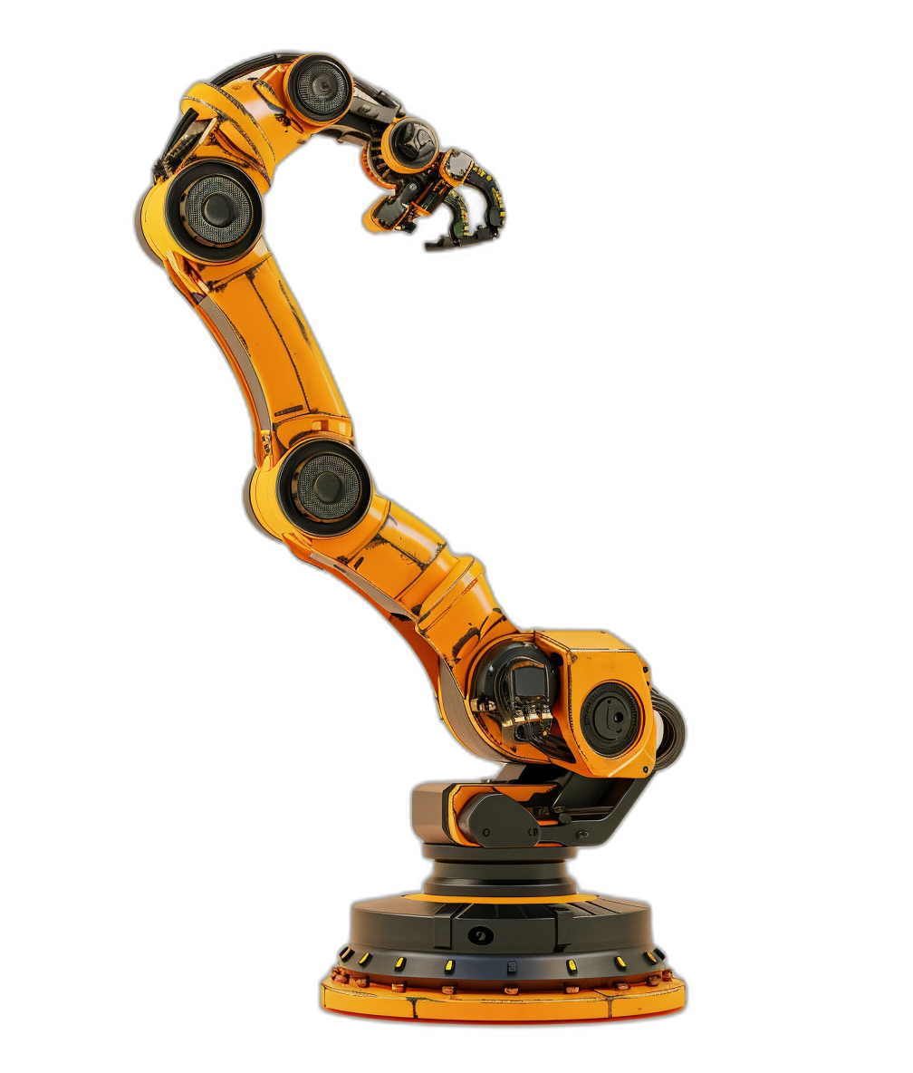 A robot arm, high resolution, isolated on black background, orange and yellow color theme, photorealistic