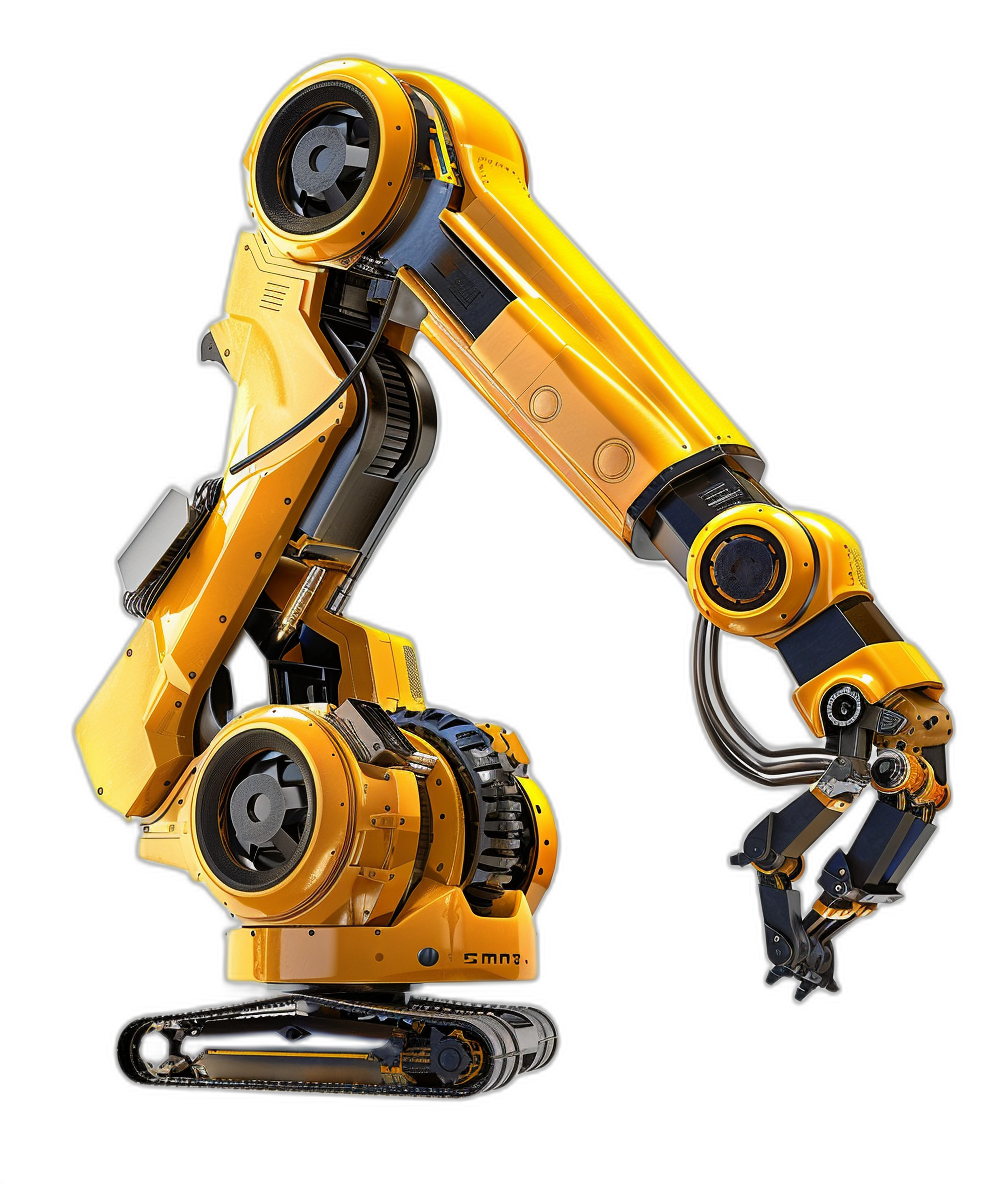 A yellow robotic arm with a black background, shown in a full body shot, created in high resolution photography in the style of insanely detailed and intricate art with sharp focus, isolated on a white background in the HDR studio light style trending on Artstation, concept art from Art station.