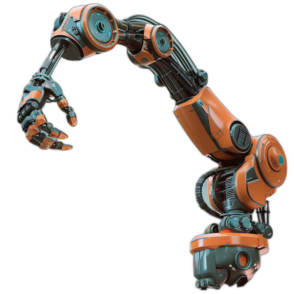 A robotic arm with an orange body and teal accents, reaching out to touch something on the right side of it’s view against black background, rendered in high resolution for detailed texturing and realistic lighting, perfect as a digital illustration., focus on face