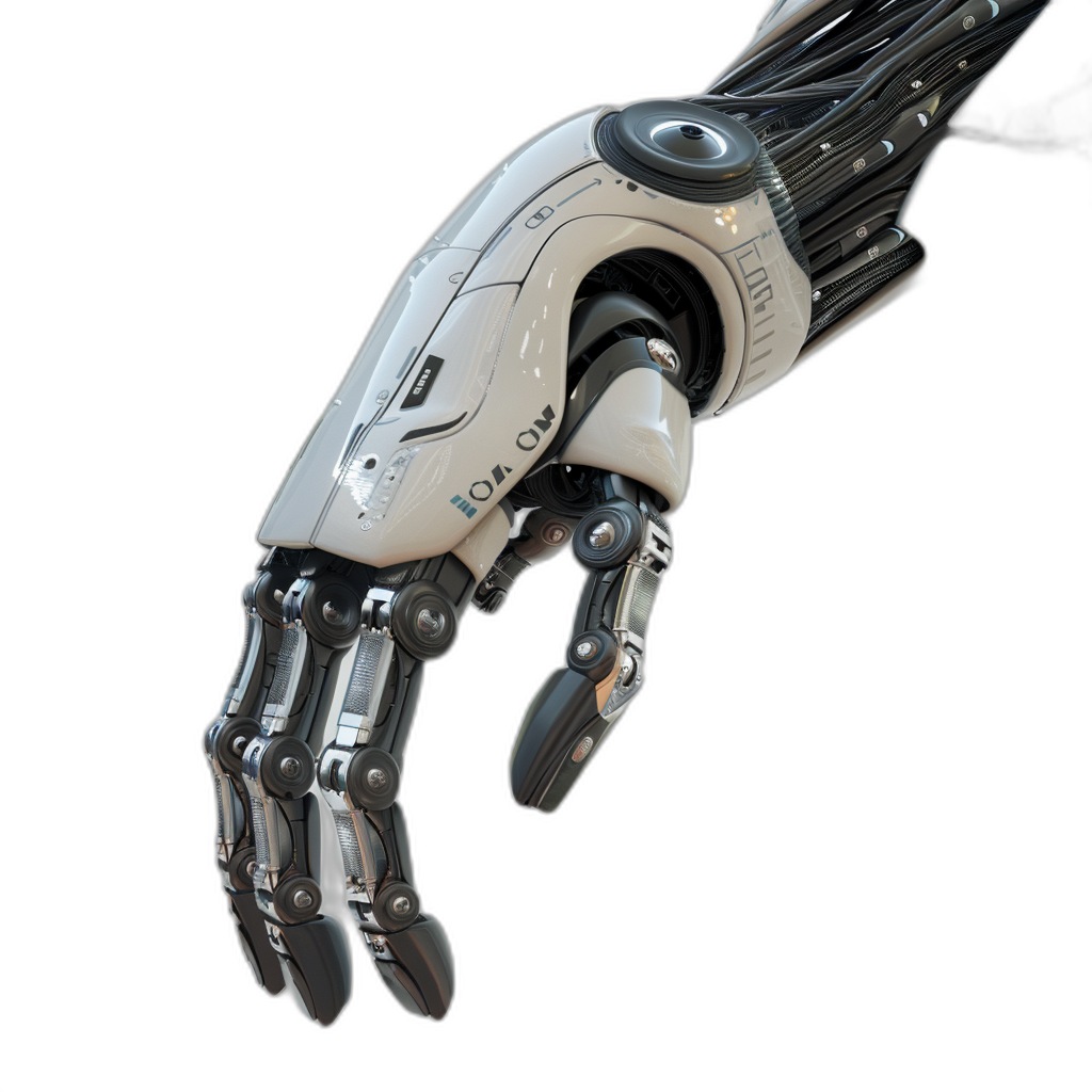 A robotic hand with sleek metallic features reaching out to the viewer on a black background. The arm is equipped with advanced technology and has multiple rings that have numbers engraved in them. It is positioned at an angle, showing its dynamic pose as if it were about to reach or touch something. A photorealistic 3D rendering capturing every detail of texture and lighting, with a focus on realism in the style of a realistic artwork.