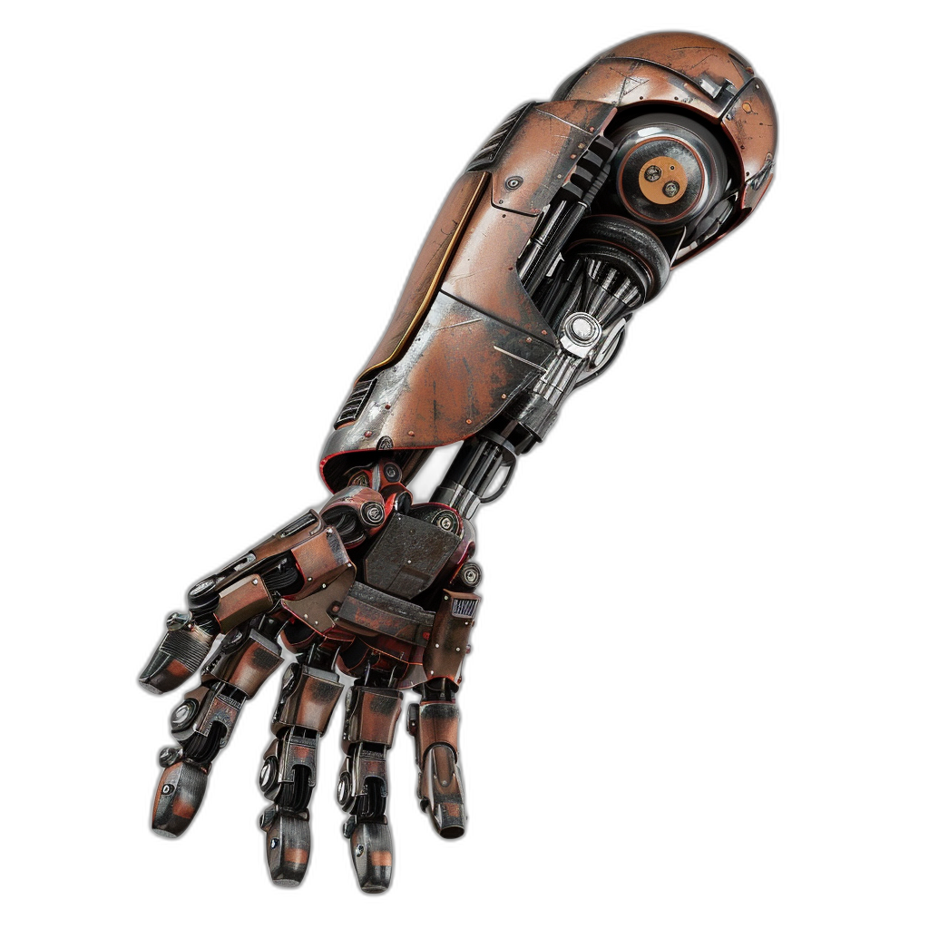 3/4 view of a brown steampunk robot hand with long fingers and a leather sleeve in the style of cyberpunk on a black background, rendered in a hyperrealistic style.