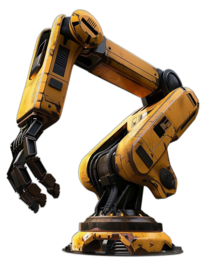 A large yellow and black robot arm in the style of cyberpunk, 3D rendering with a black background, a full body shot with studio lighting, featuring an industrial design in the product photography with hyperrealistic details.