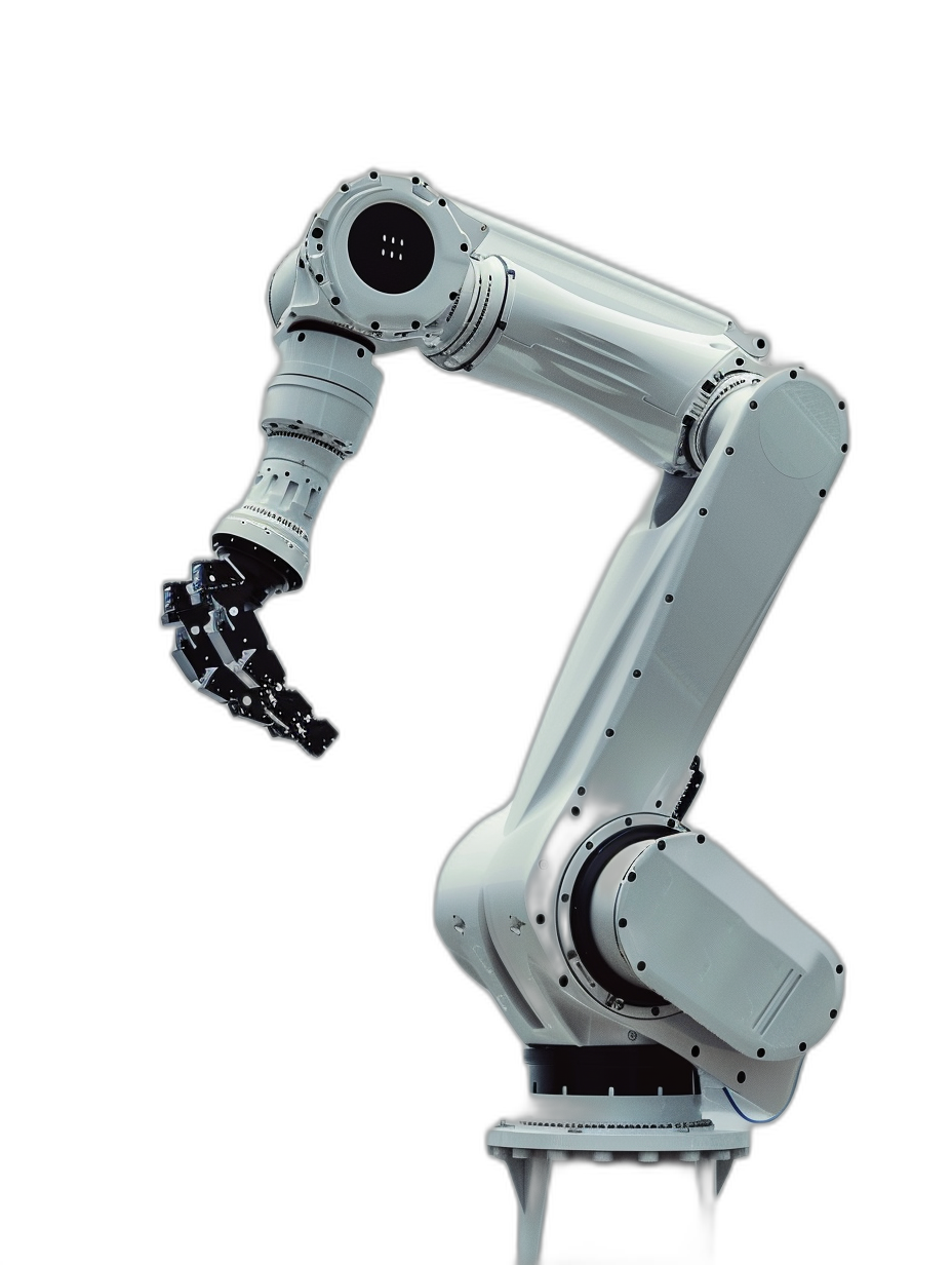 Photo of an industrial robot arm, on a black background, in white color, front view, in the hyper realistic photography style, full body shot