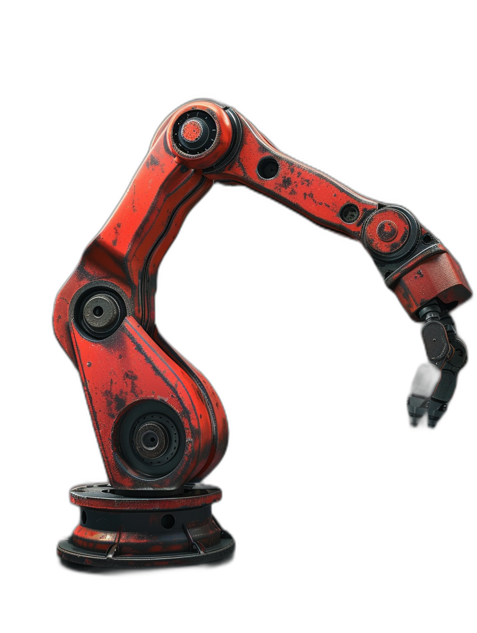 Red and black robot arm, side view, black background, game art style, cartoon realism, surrealism, industrial design, low angle shot, industrial photography, high resolution