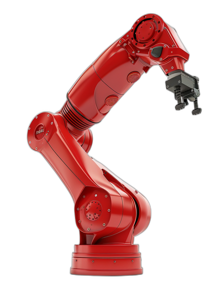 Red industrial robot arm on black background, side view, in high resolution photography. The image shows a robotic arm in the style of industrial machinery photographed from the side against a black backdrop. The photograph has been taken at a high resolution.