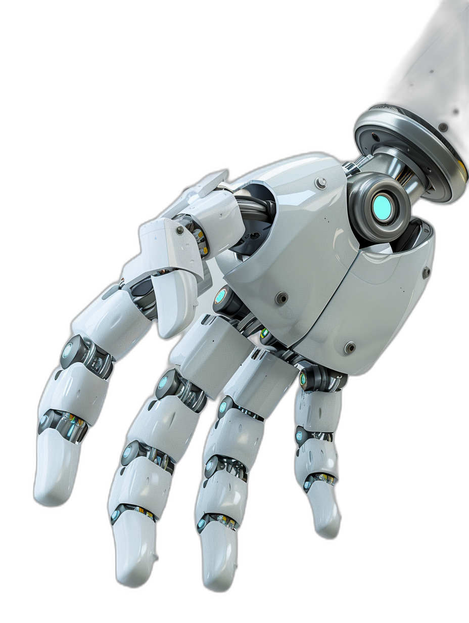 A white robot hand with an open palm, facing the camera on black background, glowing green eyes, hyperrealistic scifi style, futuristic technology sense, white metal material, black gradient background, high definition photography, high resolution, high detail, sharp focus, super realistic, high contrast, studio lighting.