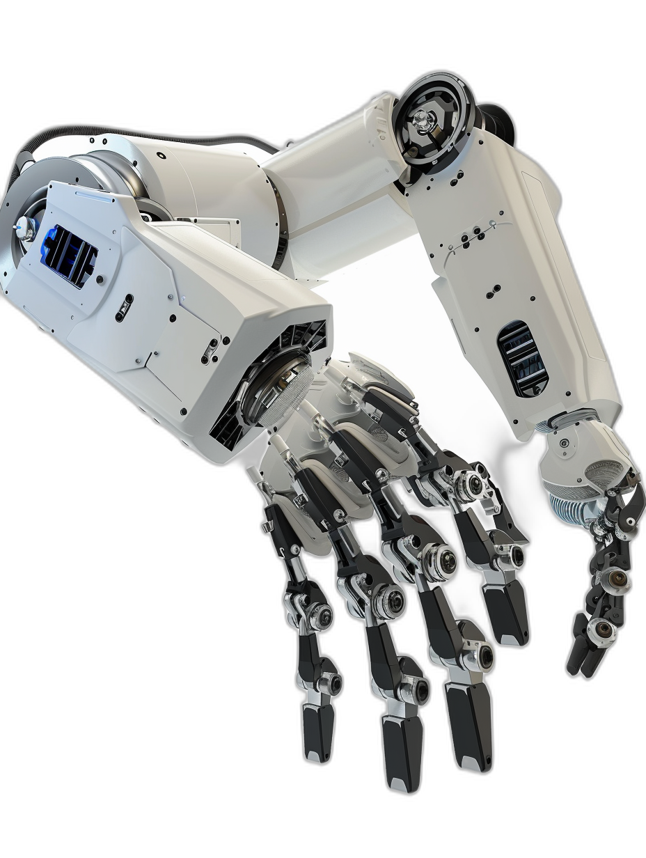 3d render of white robot hand with robotic arm, isolated on black background, hyper realistic