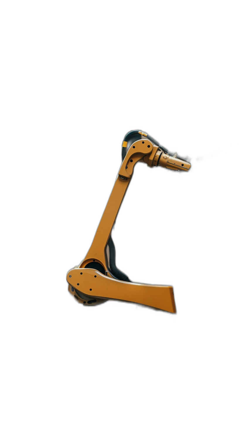 Photo of an industrial robot arm in profile on a black background, with yellow and orange colors, taken with high resolution photography, showing minimalism and ultrarealistic details with sharp focus and high contrast, in the style of Fujifilm Provia.