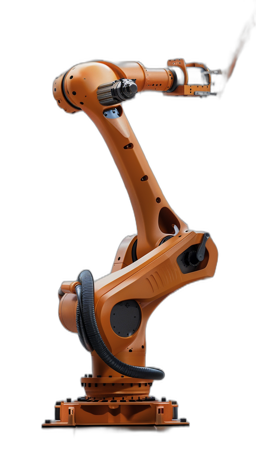 A side view of an orange industrial robot arm on a black background, in the style of hyper realistic photography.