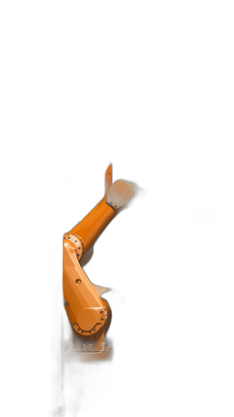 Photo of an orange robotic arm on a black background, shown from the side with a simple composition, in dark and moody tones, in the style of product photography.