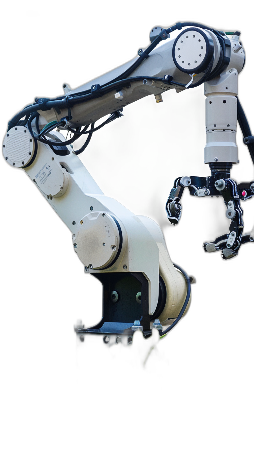 Photo of an industrial robot arm on a black background, the robotic hand with a mechanical structure holding a white canvas. The style uses a white color palette, with high resolution and high contrast, with sharp focus and a high dynamic range. A wide angle lens was used with studio lighting, showing high quality details in a hyper realistic style, with the robot arm isolated on the left side and in a central position.