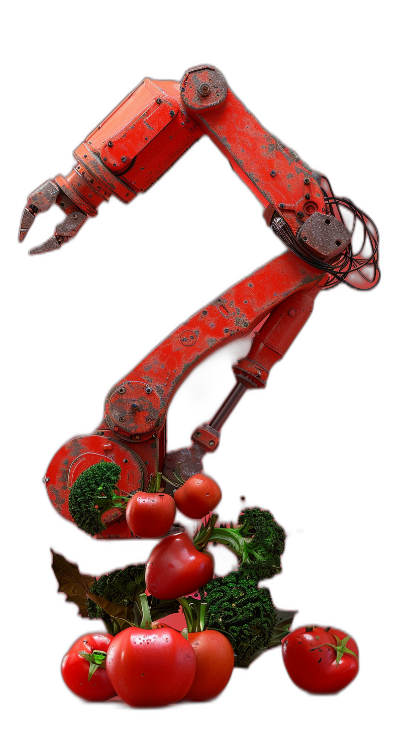 A red robotic arm picking vegetables against a black background in the style of photo realistic, high resolution photography.