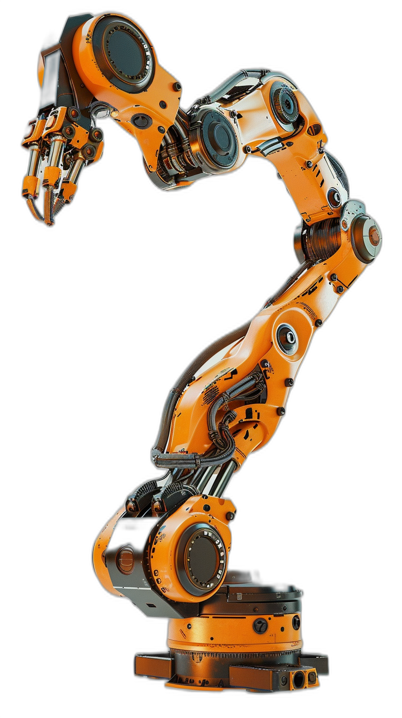 A robotic arm in orange color on a black background, a full body shot depicted in the style of hyper realistic art.