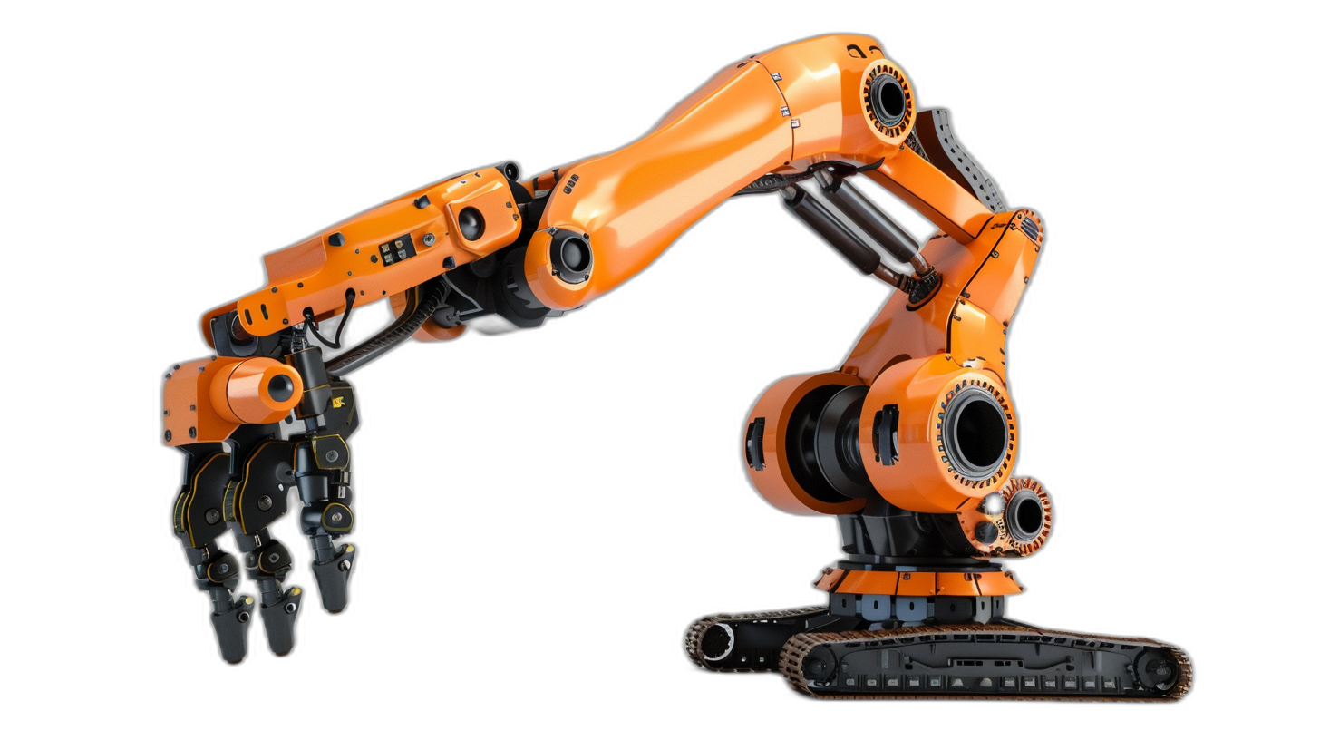 An orange robotic arm, an industrial robot model K, is shown matching a product in front of a black background. The mechanical arm holds tools or materials and has two attached wheels for movement on all four sides. The high resolution, detailed image has a highly realistic style with studio lighting captured through a Leica lens.