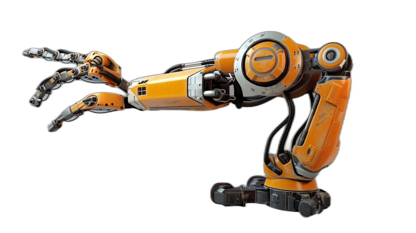 3D rendering of a robot arm with hand outstretched on a black background, with an orange and silver color scheme, in a hyper realistic, high resolution style.