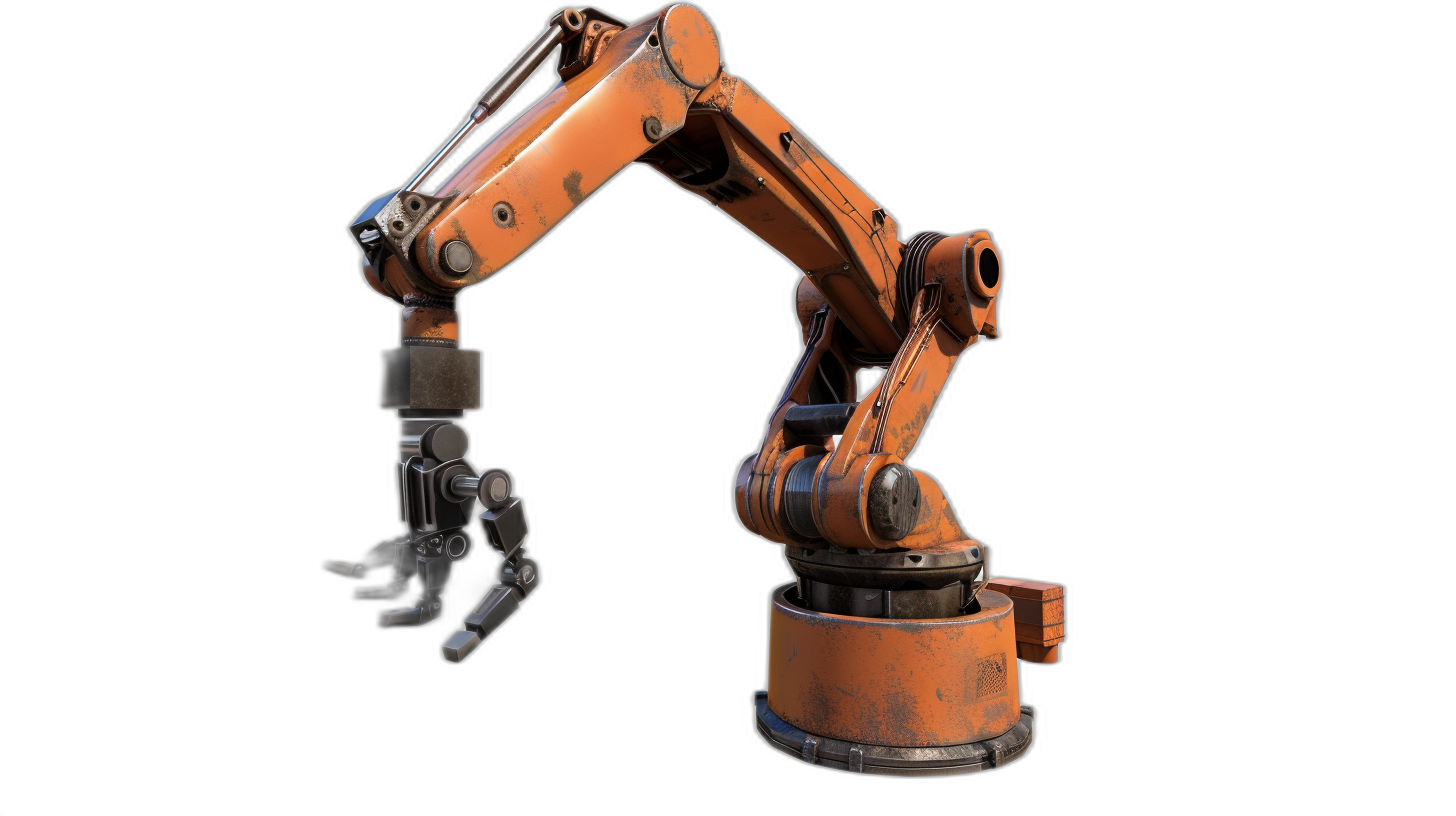 A robotic arm of a simple shape with a 3D rendering on a black background and an orange color scheme in the style of a game. It is a high resolution blender rendering with a full body perspective. It is designed with industrial design elements. The robot’s head can place tools or have an open mouth to hold the instrument in its hand. A mechanical finger holds the tool. There should be no other objects around it.