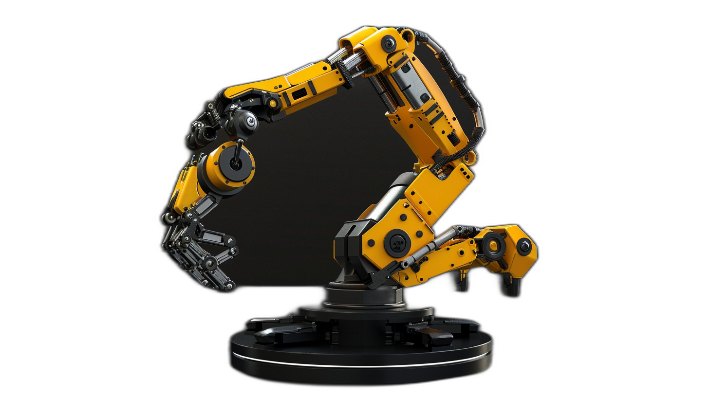 yellow and black industrial robot arm on round base, black background, product shot, 3d render, studio lighting, octane rendering, high resolution photography, insanely detailed, fine details, isolated plain, stock photo