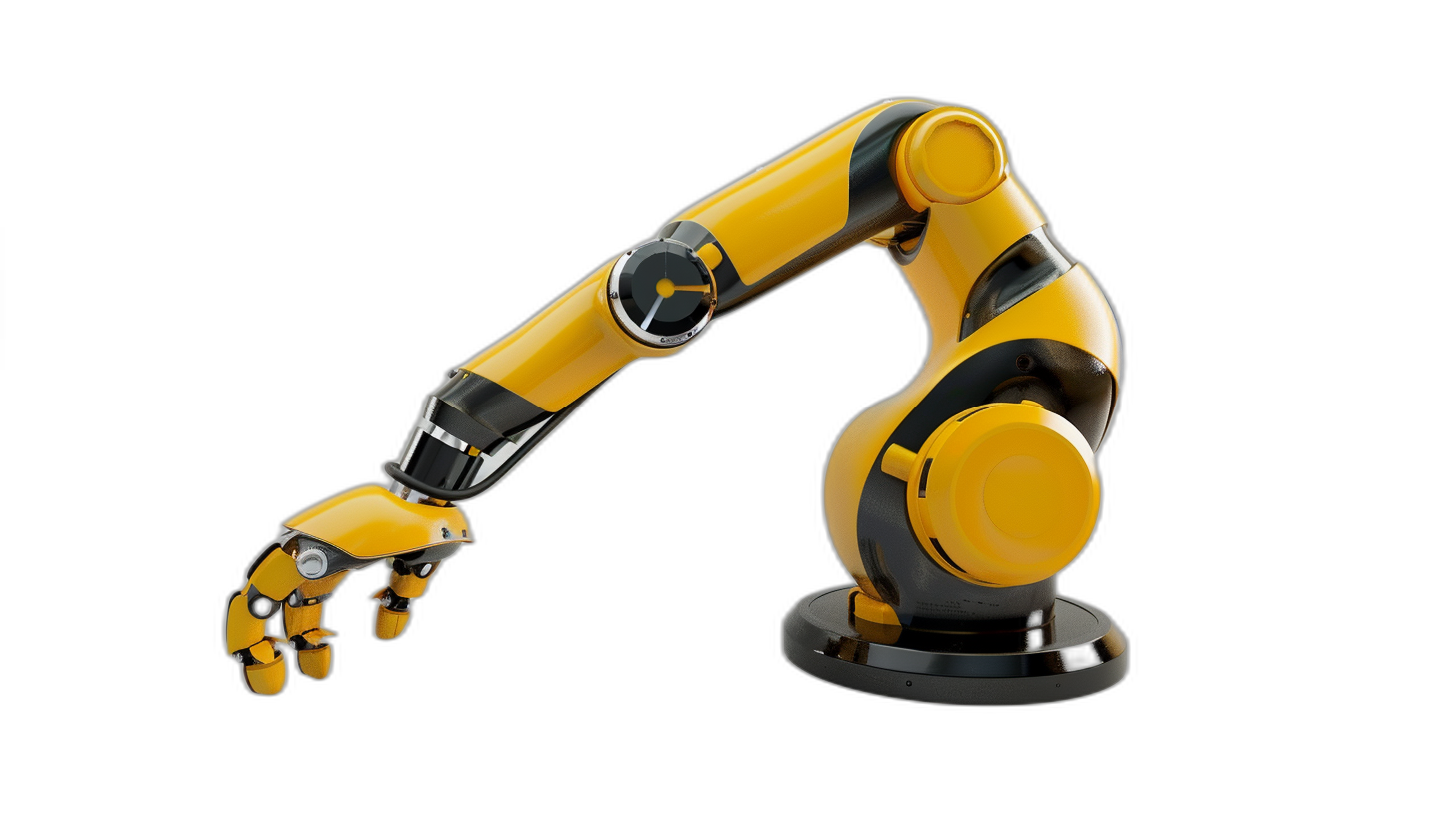 A yellow and black robot arm on an isolated background, an industrial robotic concept with a digital screen display in the style of factory industry technology showcase or smart home machinery.