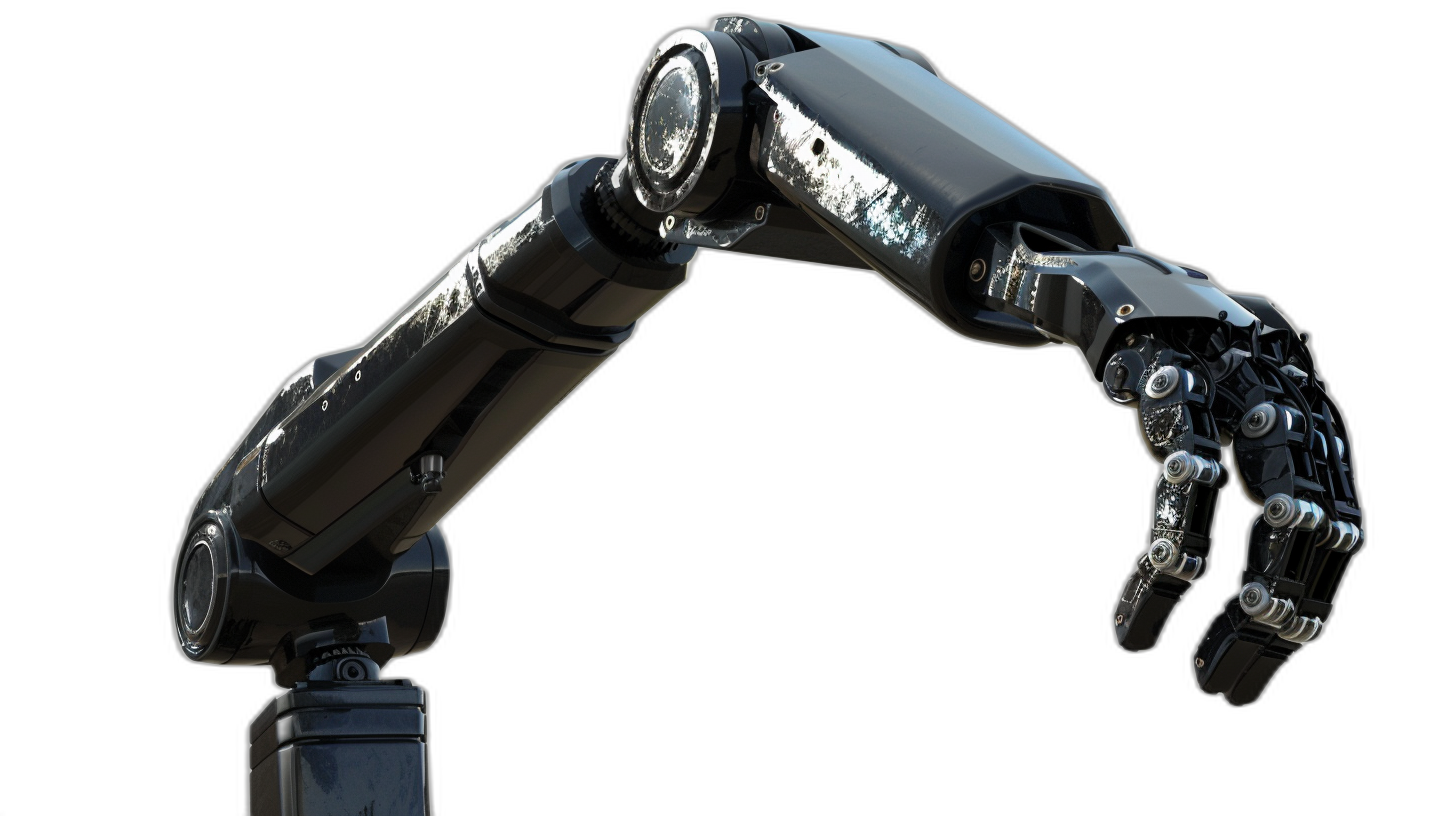 a robotic arm with dark grey metal, 3D render, isolated on black background, high resolution