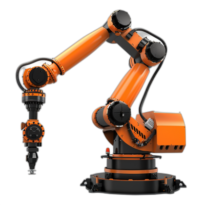 A robotic arm holding an electric drill on a black background, isolated orange and white robot arms with industrial mechanical precision in the style of modern technology, high resolution, high quality, high detail, hyper realistic, hyper detailed, super realistic.