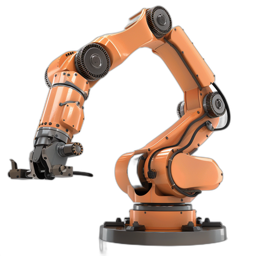 A robotic arm with industrial tools on the front, viewed from the side, orange colored and isolated against a black background, in the style of hyper realistic photography.