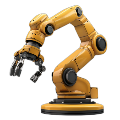 yellow industrial robot arm on black background, side view, hyper realistic photo