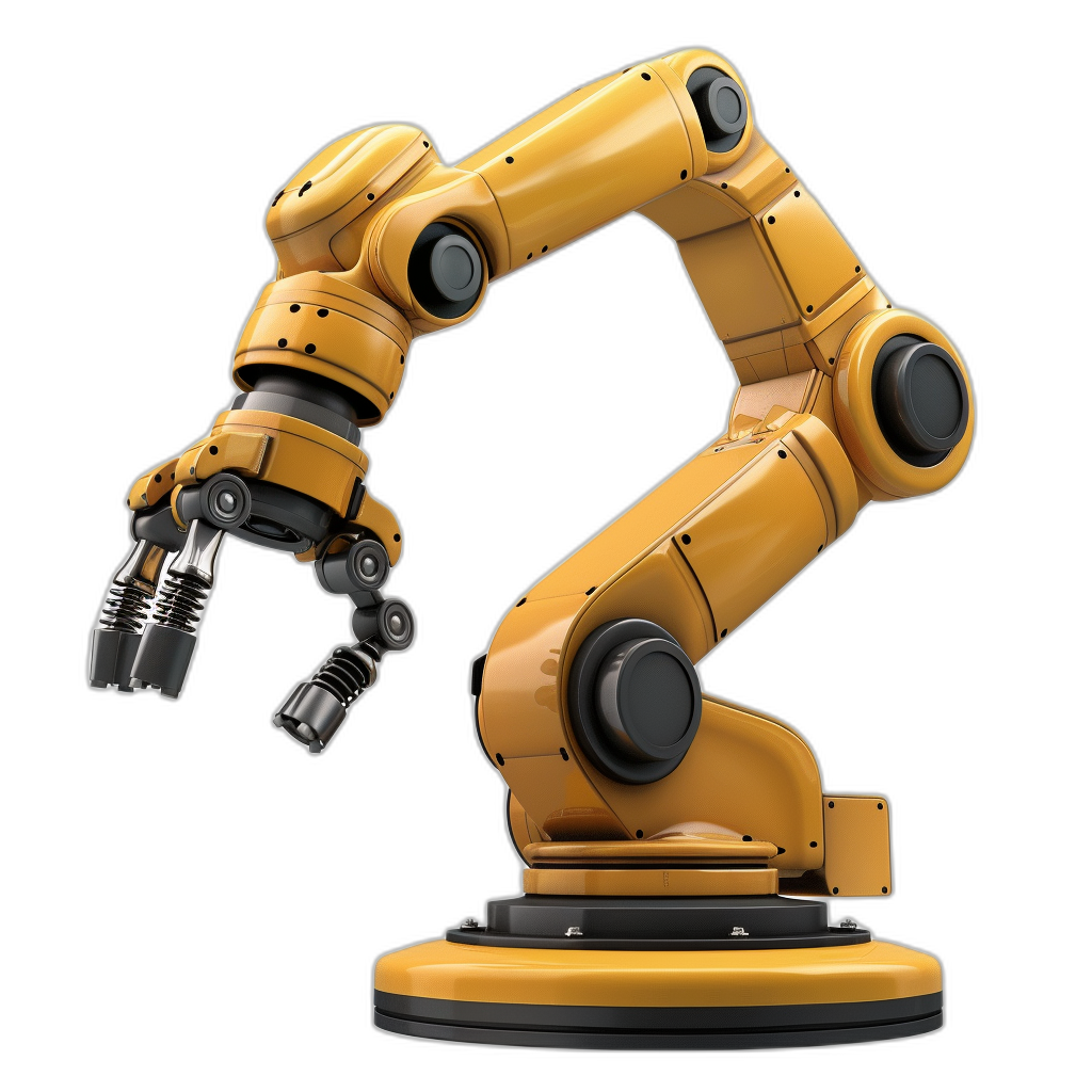 yellow industrial robot arm on black background, isolated, hyper realistic