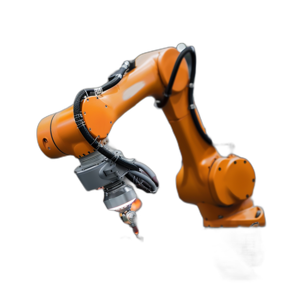 industrial robot arm, orange color on black background, high resolution photography, high contrast