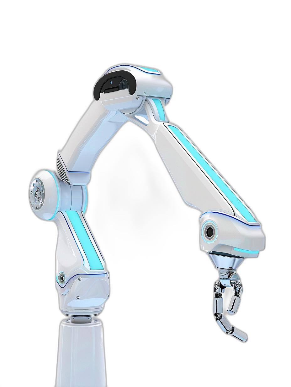 3D render of a white and blue robotic arm on a black background, in a low angle shot, with high resolution photography, insanely detailed with fine details, of an isolated object, with professional color grading and sharp focus, stock photo in the style of an unnamed artist.