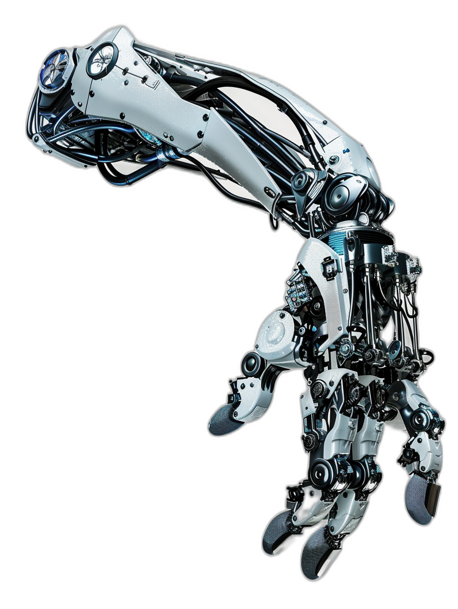 A robotic arm made of chrome and steel, hovering in the air with its hand outstretched to grab something, on a black background, in the style of hyper realistic photography.