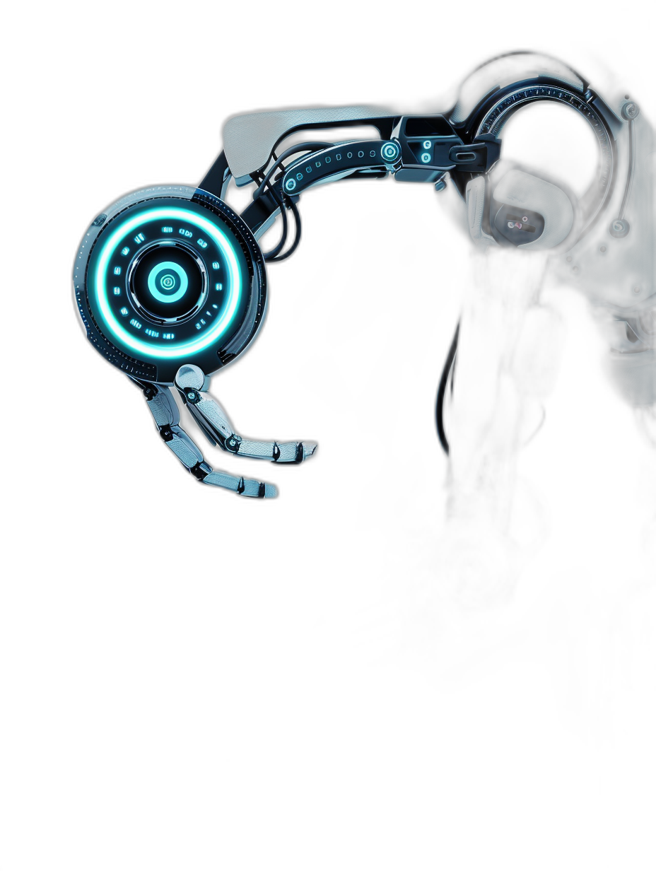 3D rendering of a robot arm with glowing blue circular mechanical panels on the hand, isolated against a black background. The style is reminiscent of robot arms in the style of classic science fiction illustrations. Minimal edits were made to correct spelling errors and repeated words while removing Chinese characters and rephrasing attributions.