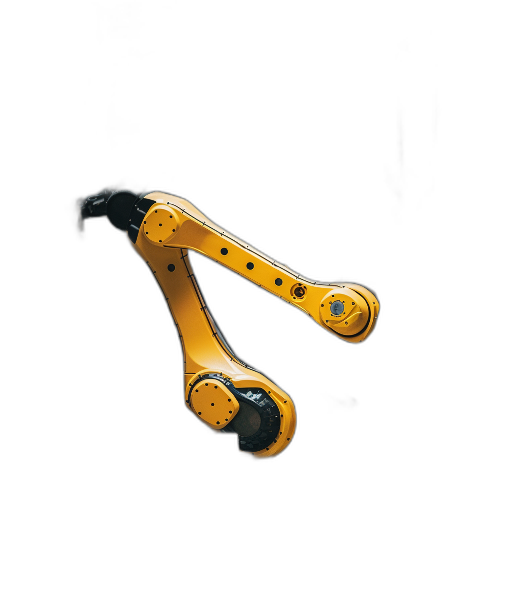 A yellow robotic arm on black background, front view, real photo style, high resolution photography