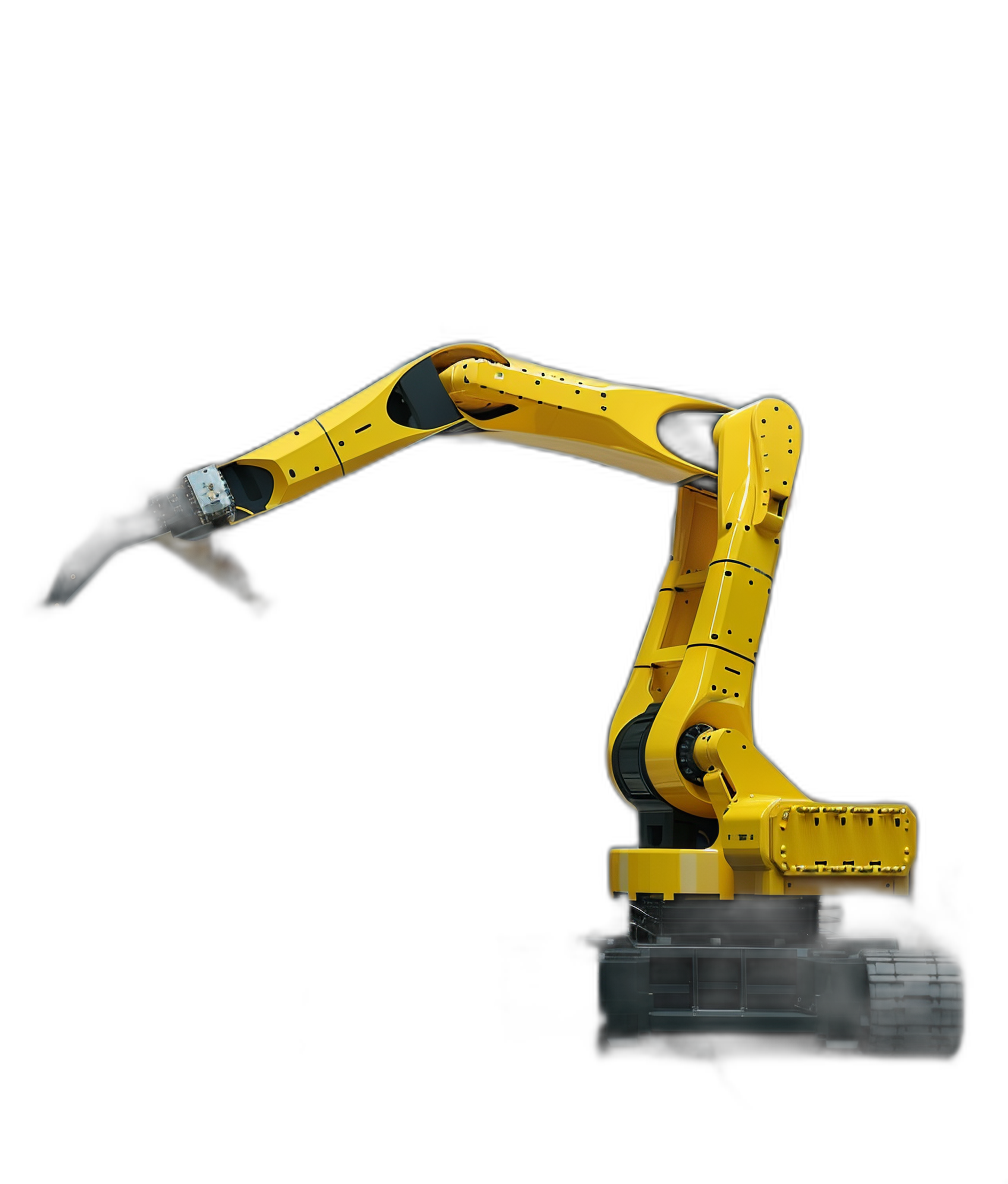 yellow and black industrial robot arm on the side of an excavator, isolated on a pure black background, in a studio shot, in the style of hyper realistic photography