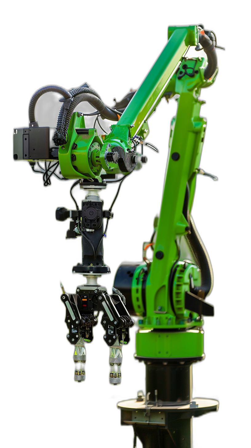 A robotic arm, with a green and black color theme, has a laser precision weapon system mounted on the side for factory production line and product photography. It was shot in high resolution and cinematic style, in the style of Hasselblad H2D camera, with studio lighting and a black background for a hyper realistic look.