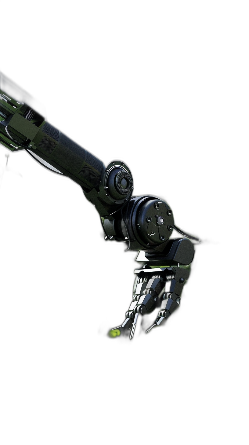 A robotic arm with a black background, a green light in the palm of its hand, a 3D rendering done in the style of professional lighting and photo shooting, with ultrahigh details against a black background.