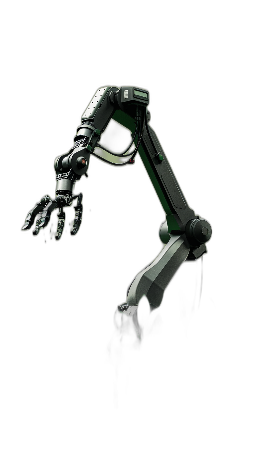 A robotic arm with a dark green and silver color scheme on a black background in a high resolution, professionally photographed image with sharp focus and studio lighting, captured with a wide angle lens in natural light.