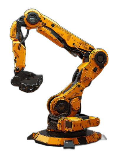 A robotic arm with broad shoulders, simple design and cool color palettes, isolated on a black background, in the style of game art, industrial mechanical style, using a yellow and orange palette, 3D render, with a resolution of 20 megapixels and a size of 586 x 794 pixels.