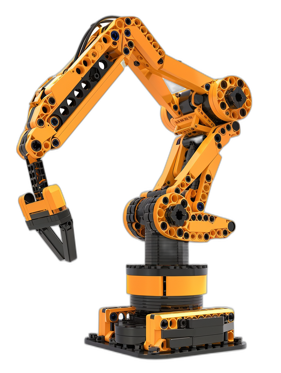 LEGO industrial robot arm on a black background, 3D rendered at a 45 degree side view with studio lighting, high resolution photography in the photorealistic, hyper realistic style with yellow and orange colors, rendered in Octane with product design photography, lit with white light on a black isolated background, shot as a closeup from the front perspective.