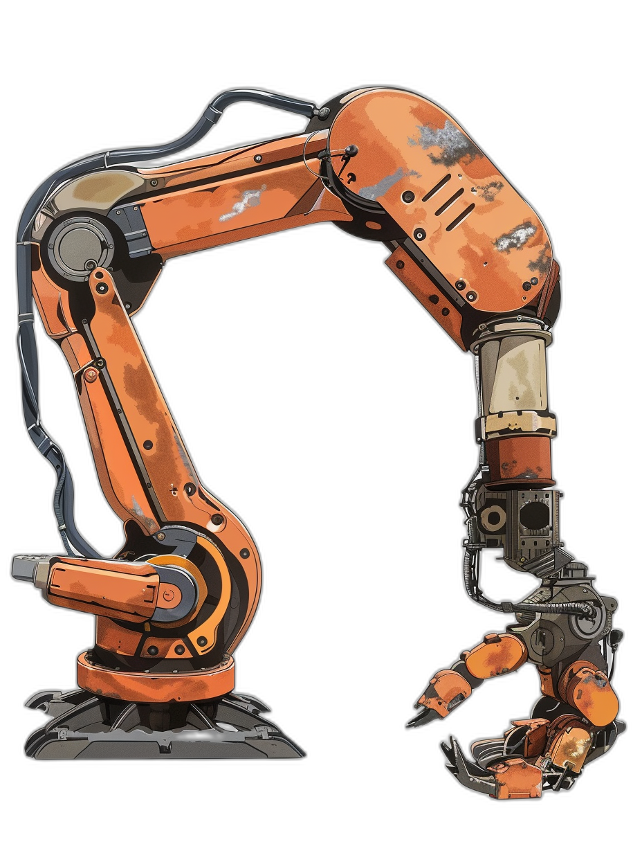 A robotic arm, vector illustration, cartoon style, simple lines, black background, side view, with an orange color scheme and mechanical texture. The robot’s head is turned to the right. It has two metal feet at its base and uses bionic hands for arms. There should be some rust on it., focus on hand details. Emphasize realistic textures in the design, with sharp edges. Highlight details such as wires or gears. In addition, there must also have one claw-shaped tool attached to each finger of both hands in the style of realistic textures.